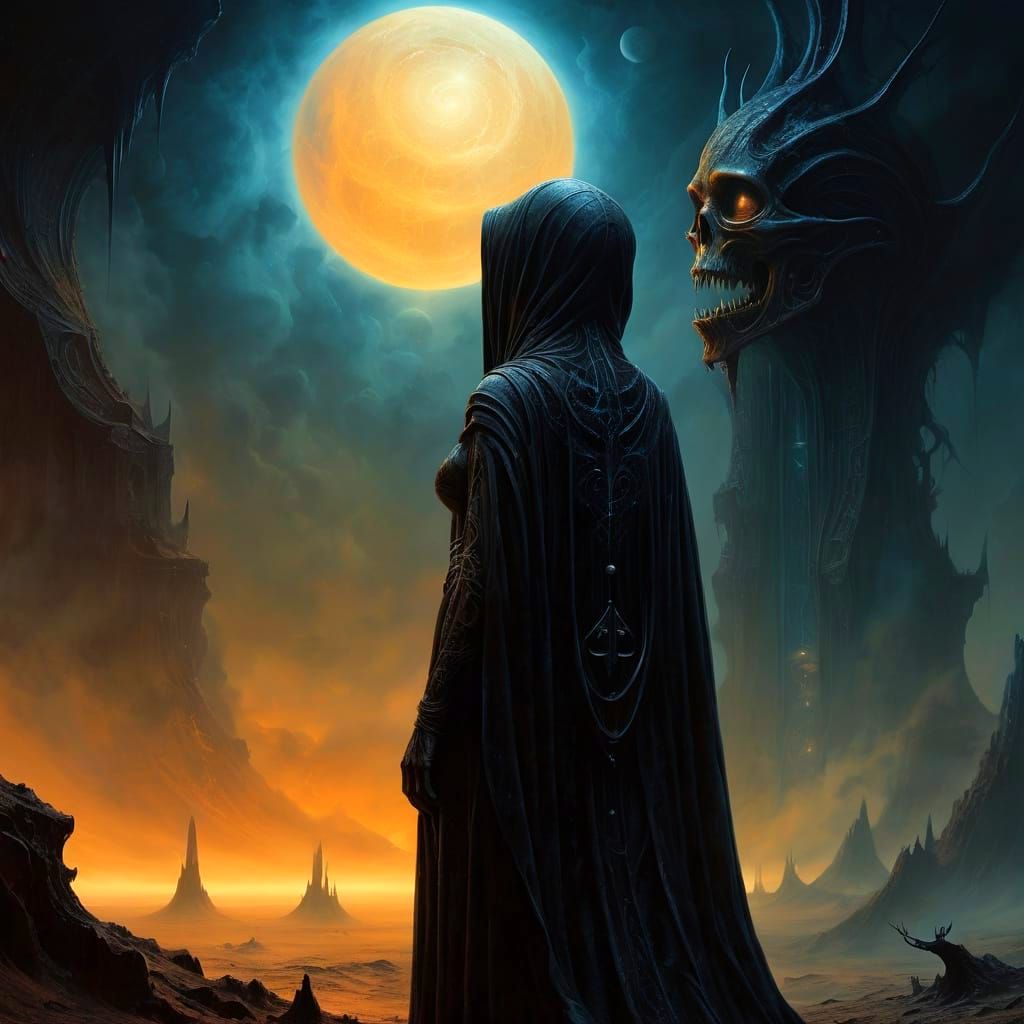 Sorceress Gazing at Cosmic Entity: Beksiński Style