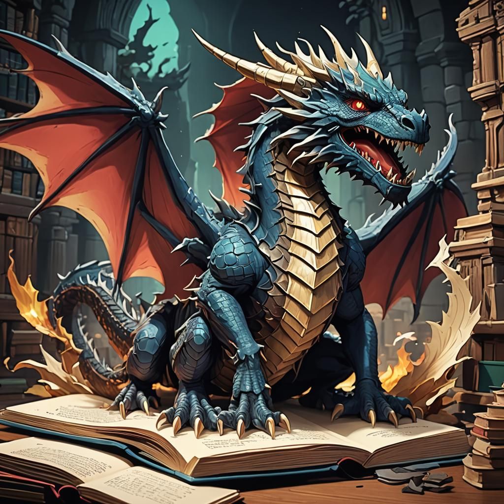 A Pop-up book with a dragon coming out of it.
