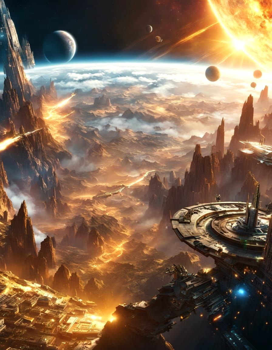 Alien battleship approaching the invaded planet  by @Yannous de Chaumont