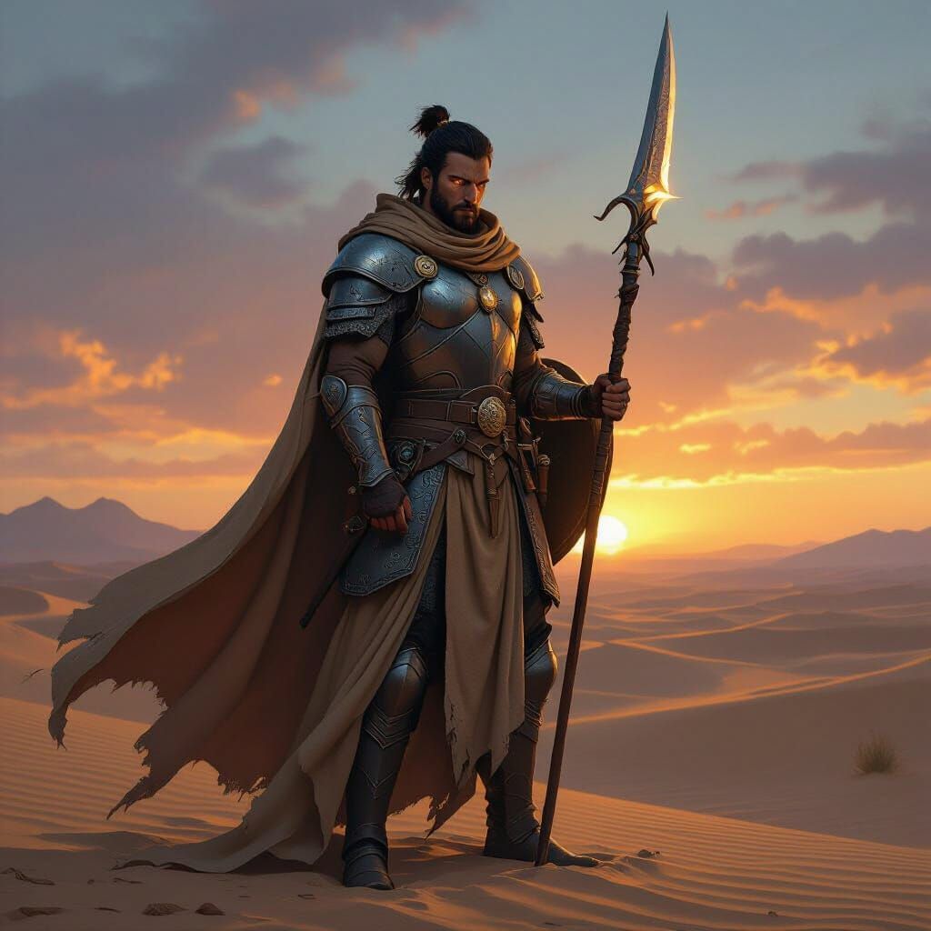 A tall male paladin named Doom Duskblade stands in a windswept desert at dusk, wearing weathered chainmail armor and a long clay-colored clo...
