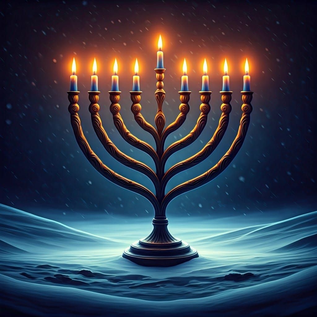 Majestic Hanukkah Menorah in Winter Wonderland Scene