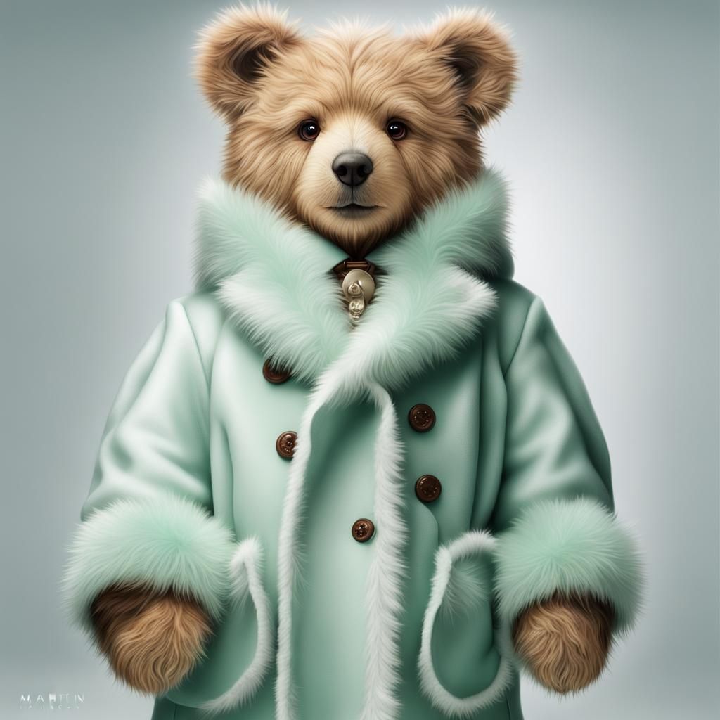 Adorable, fluffy teddy bear in a big coat with fur trim, lig...