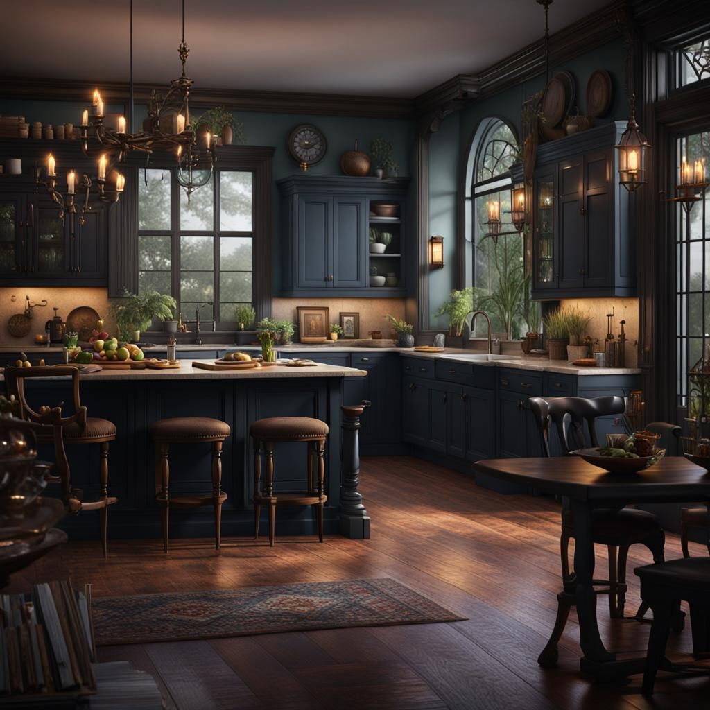 Open concept moody Victorian kitchen - AI Generated Artwork - NightCafe ...
