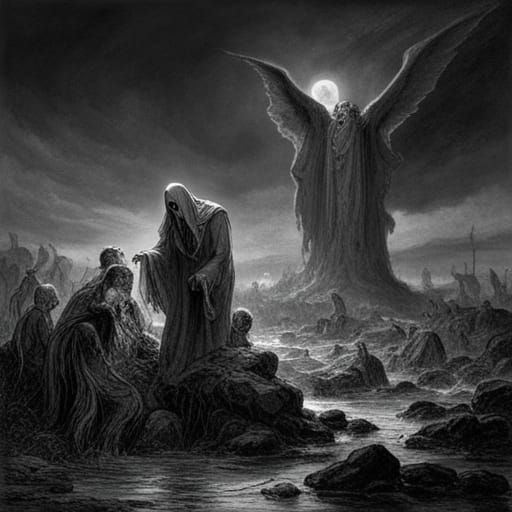 Necromancer talking with ghouls, and floating souls on the a...