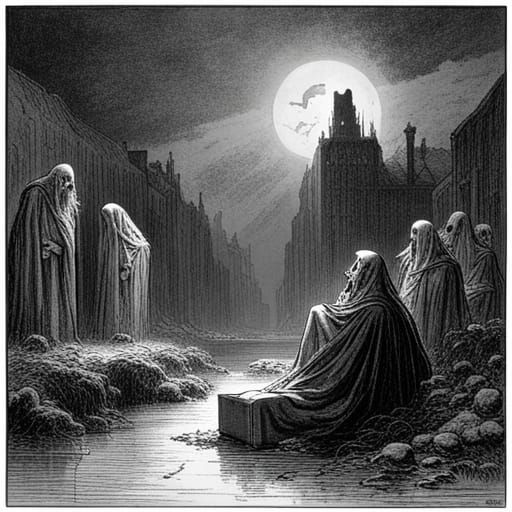 Necromancer talking with ghouls, and floating souls on the a...