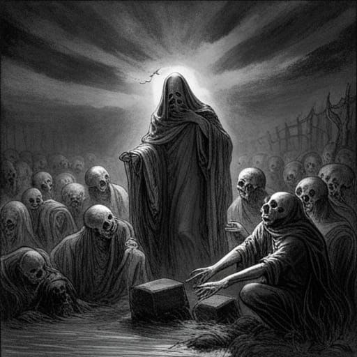 Necromancer talking with ghouls, and floating souls on the a...