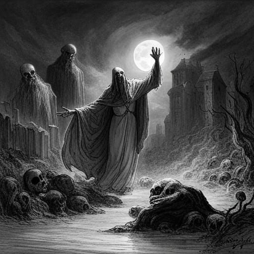 Necromancer talking with ghouls, and floating souls on the a...