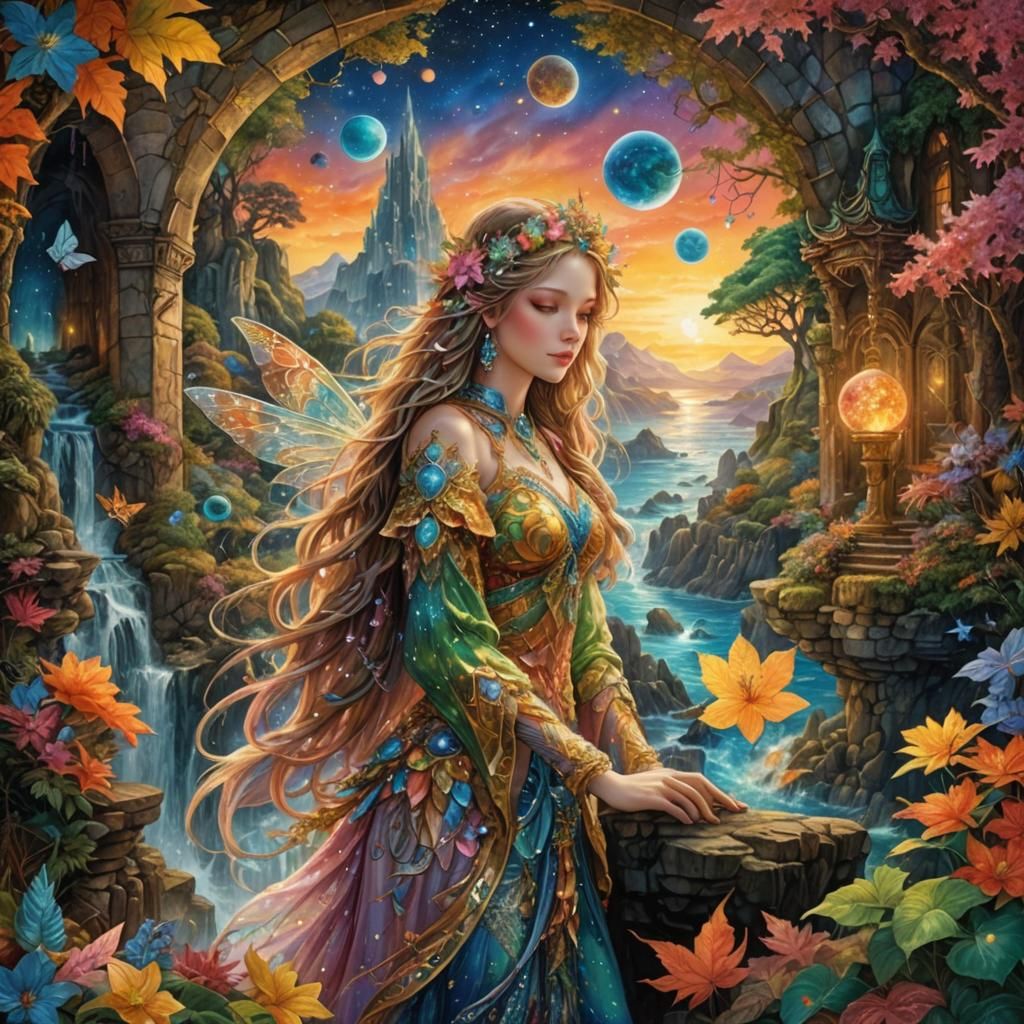 Whimsical Fairy Realm with Vibrant Planets and Stars