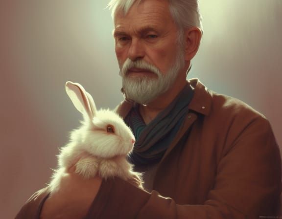 A old man sitting on a bench with a cute rabbit