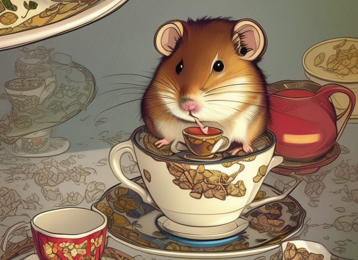 A hamster in a teacup eating treats Mark Brooks and Dan Mumford, comic book art, perfect, smooth  by @King-Hamster