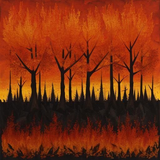 textured torn paper art. Autumn trees blended with a wildfire, orange, red, brown mood