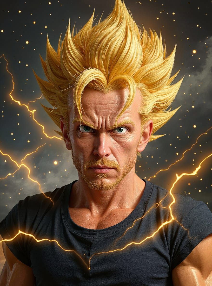 A highly detailed, lifelike 3D evolution of a Dragon Ball Z-style anime character based on [input image], mid-transformation into Super Saiy...