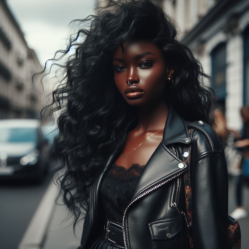 Black beauty rock girl in leather