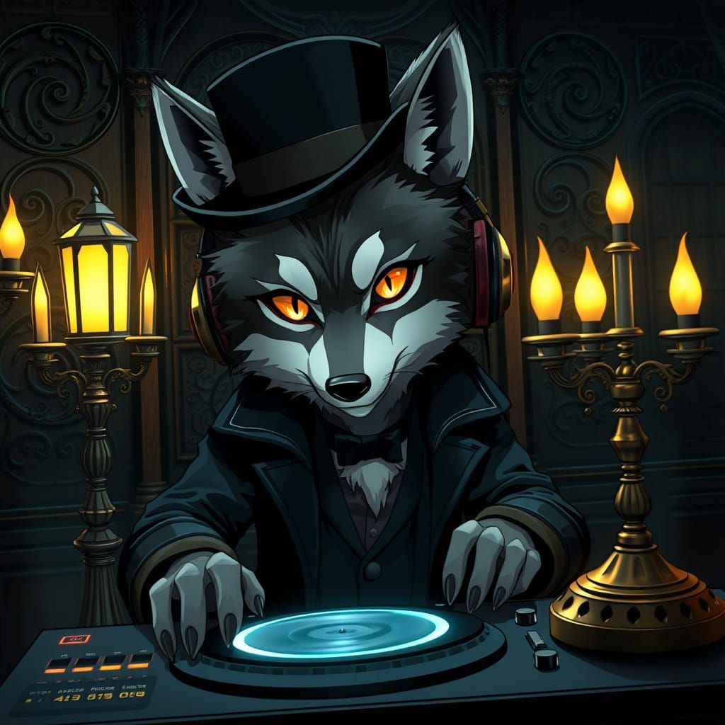 Mysterious Wolf DJ in Dark Gothic Victorian Era Setting