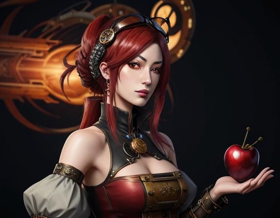 anime steampunk woman holding oversized cherries