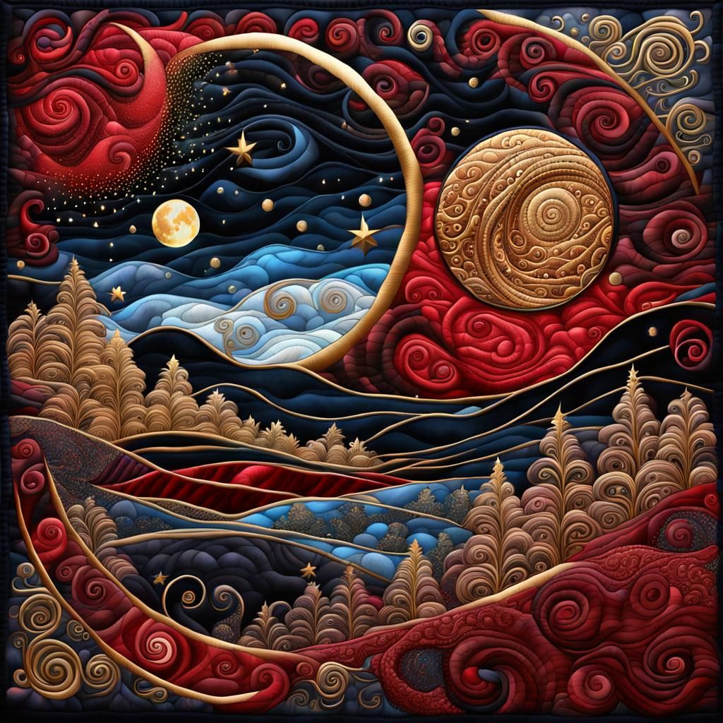 quilted surreal fantasyscape, fractal, zentangle, stary night, bloodmoon, quilted swirling gossamer and ...  by @Pjrockey