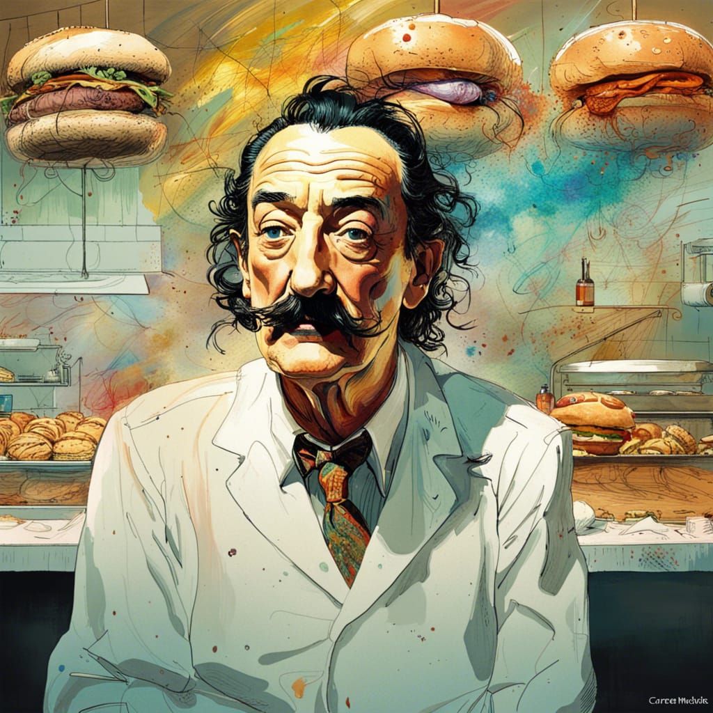 Salvador Dali works in a Burger restaurant  by @Diellys
