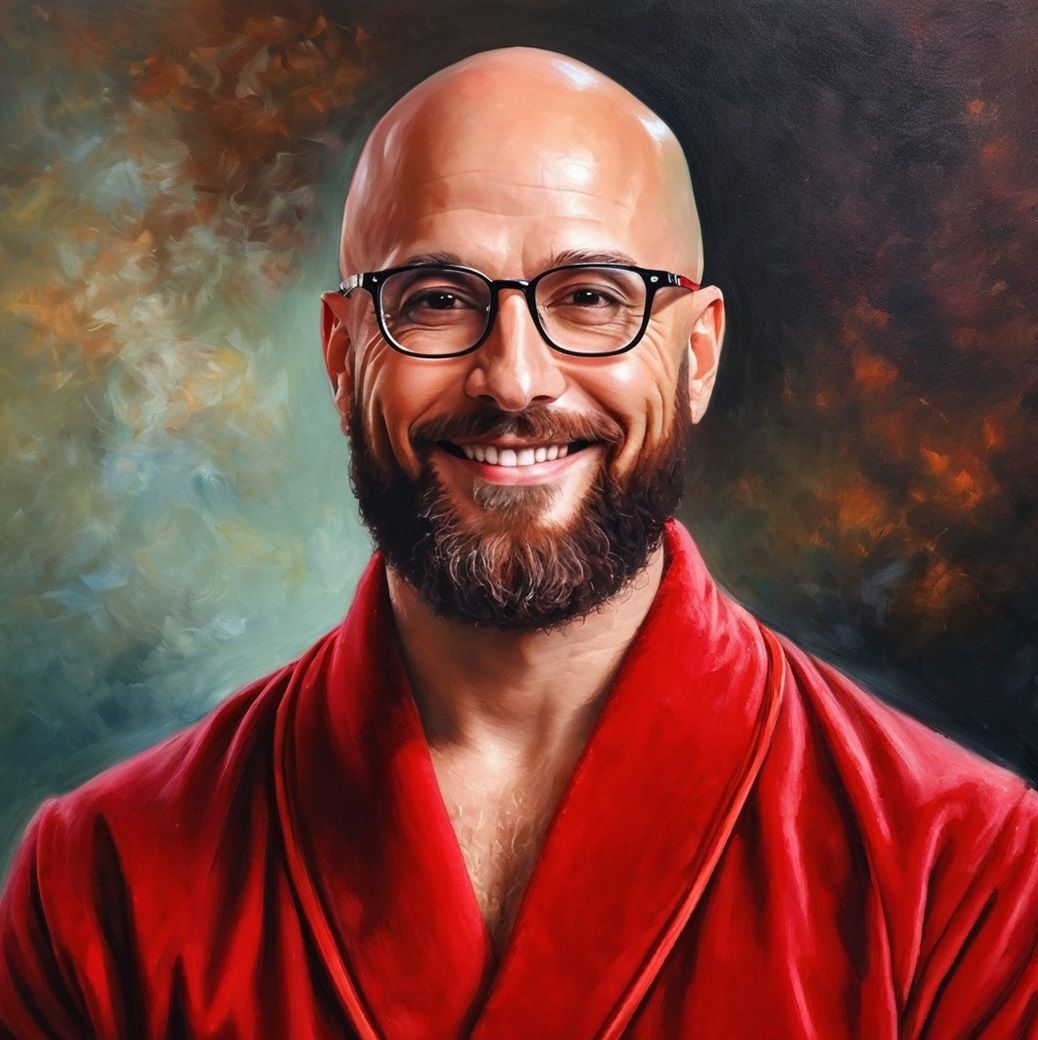 Georgio, handsome bearded  man with glasses   wearing a    r...