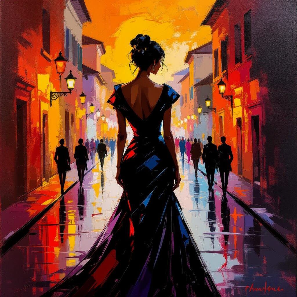 Elegant Woman Silhouetted on Roman Streets, Painterly Style