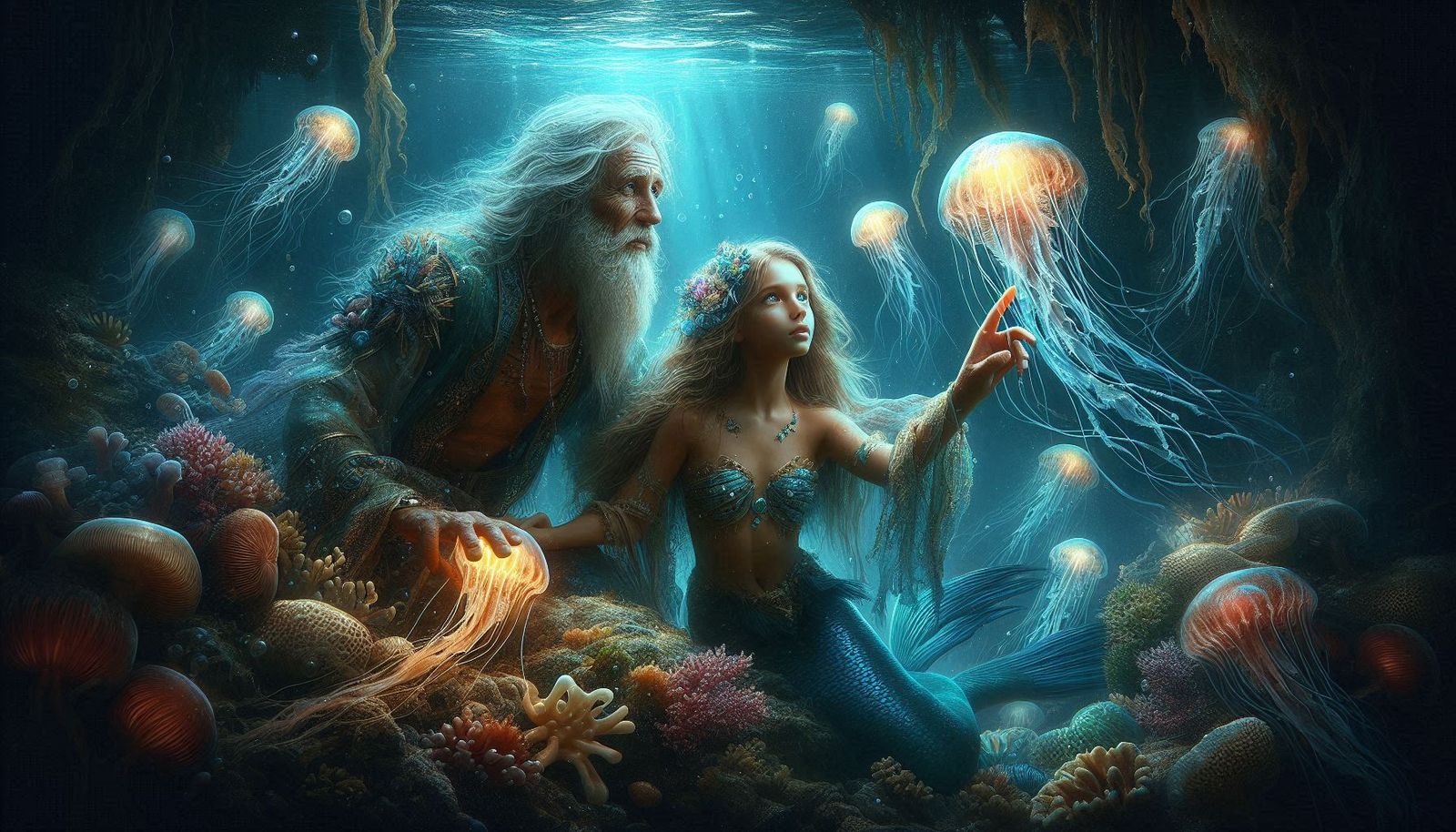 Old Atlantean Teacher and the Mermaid  by @Piktor