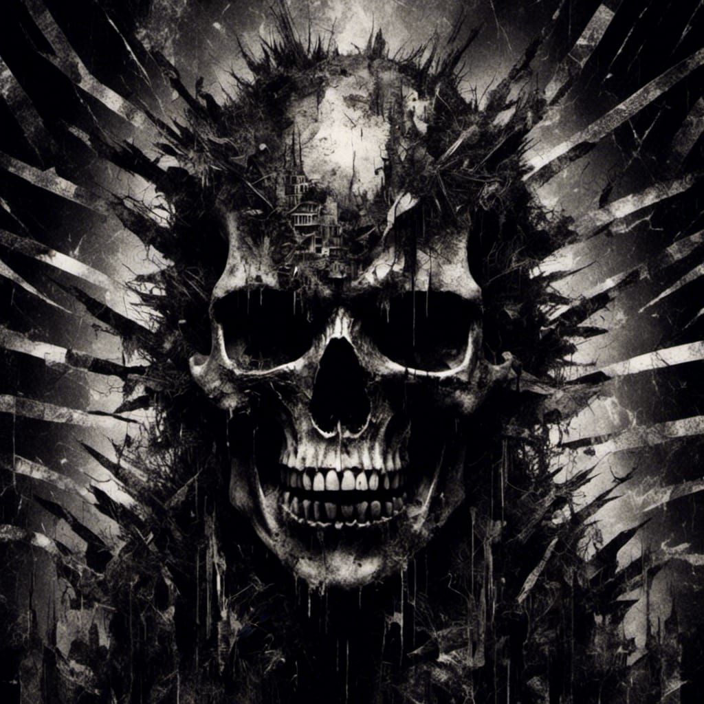 <lora:DarkMedia:1.0>dark double exposure  collage 
 monochrome, black and white ,     sinister terror cinematic   armored demon skull in th...