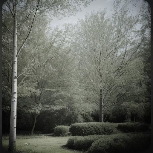 <lora:Nature Love:1.0> Mysterious Birch Tree in a secret garden near a dilapidated town, cinematic photography, Hyperrealistic, designed by...