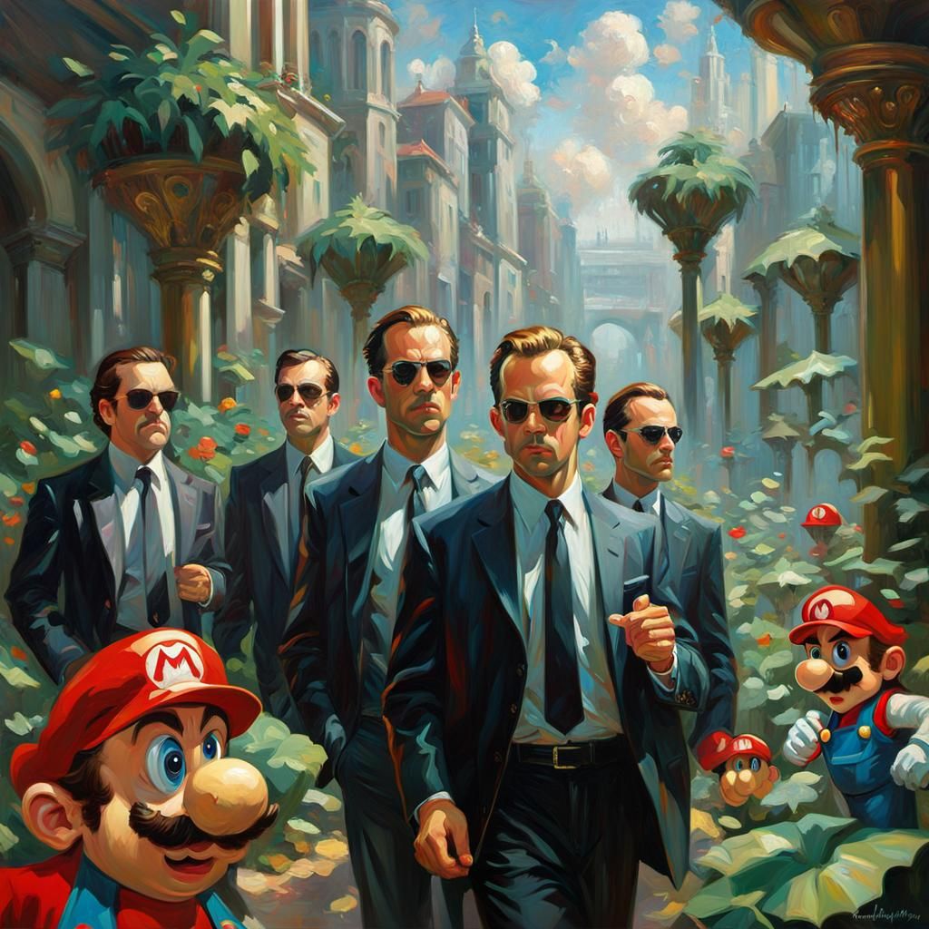 “Agent Smith clones wearing sunglasses”. Cartoonish “Super Mario world ...