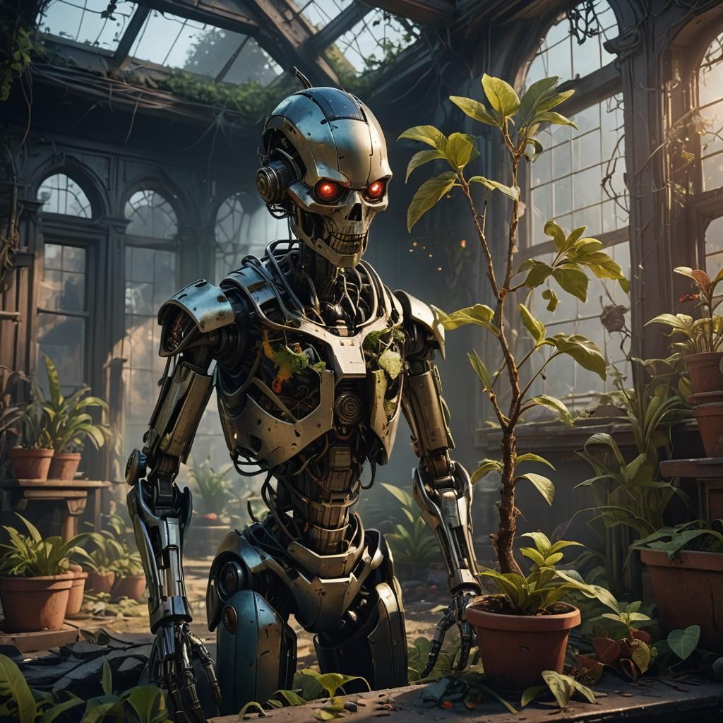 "In a domestic setting, an android with a worried expression...