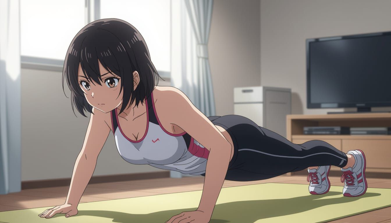 Anime Woman Exercising at Home