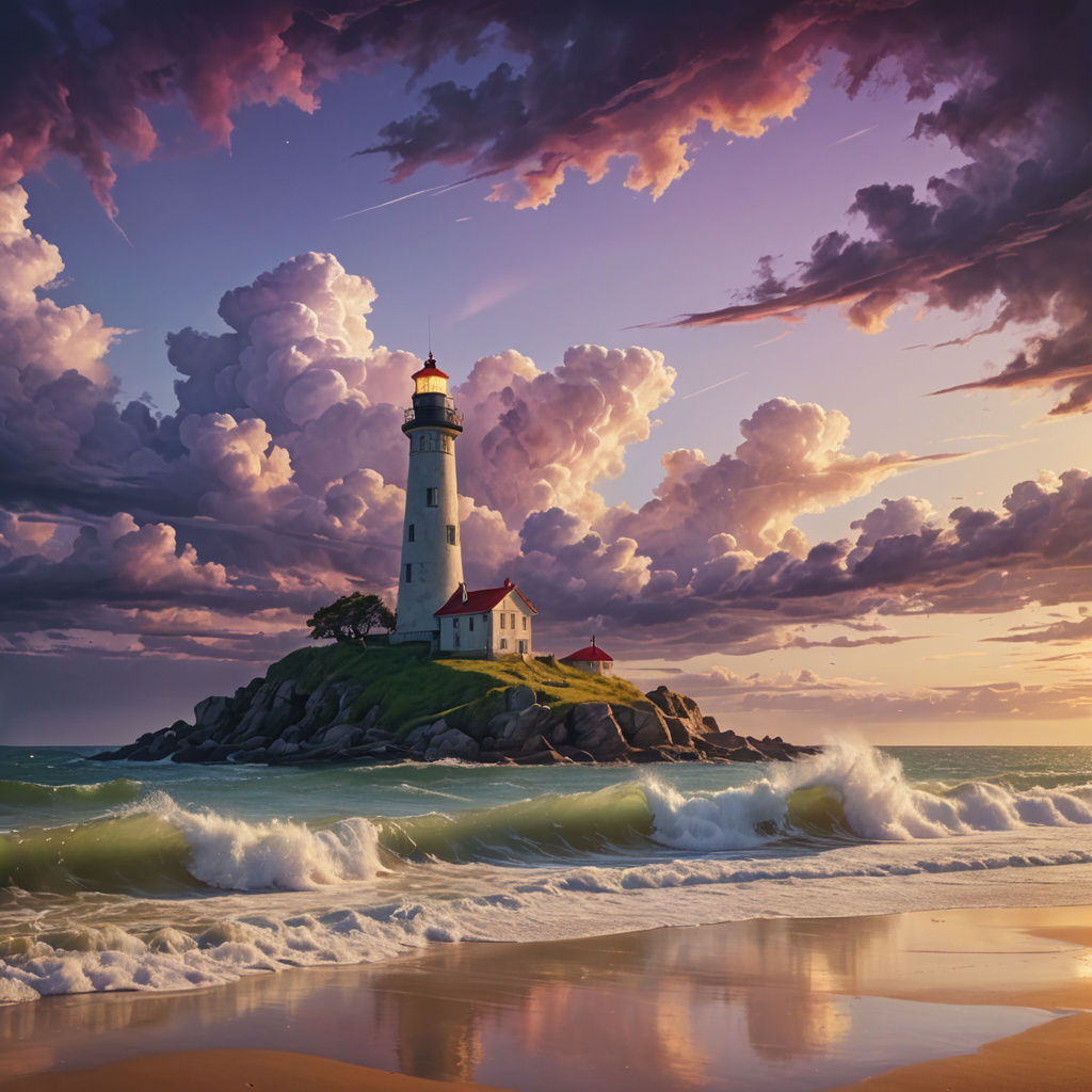 A lighthouse on a beach. The sky swirls with vivid colors. Soft lighting enhances the ethereal atmosphere