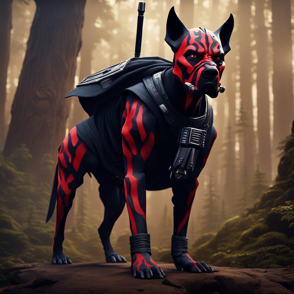 Darth Maul from Star Wars makeup and costume on a Dog.