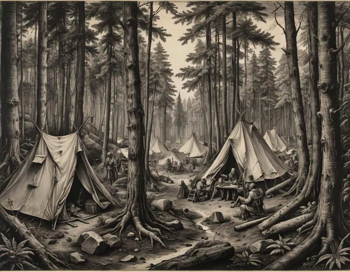an explorers making camp in a forest,