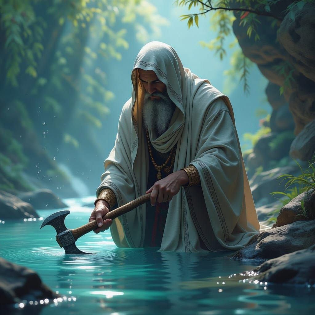 Prophet Drowns Axe in River, Splash Art Style