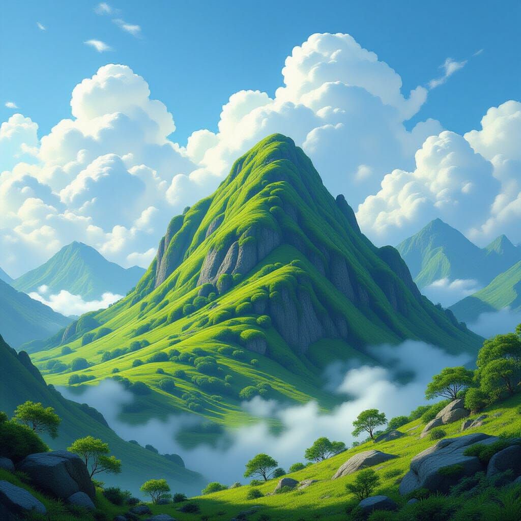 
make a sunny view of a mossy mountain