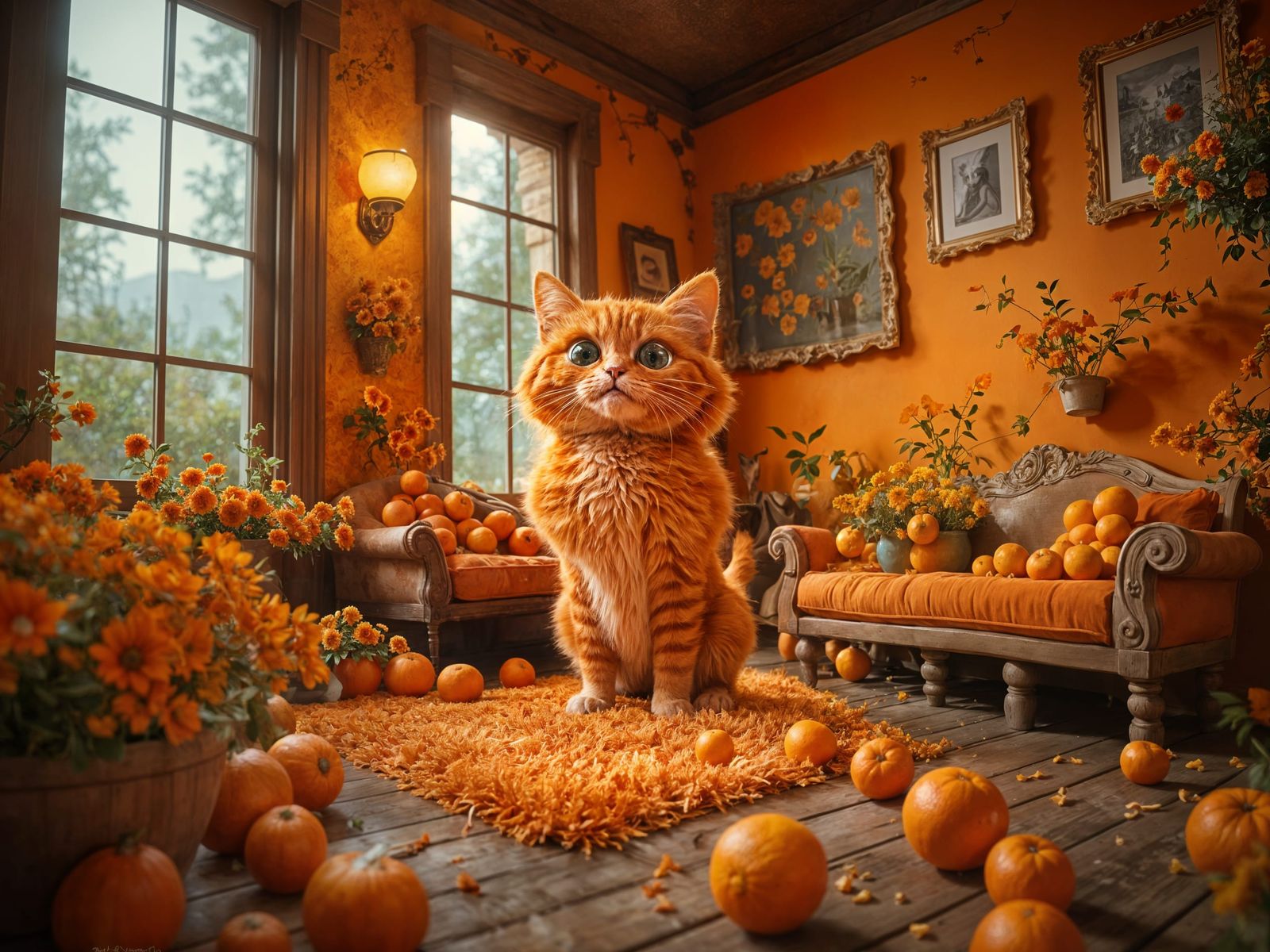Orange Cat In Orange Room with Oranges