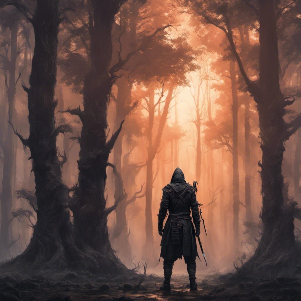a man with dark ninja clothes standing in front of a mysteri...