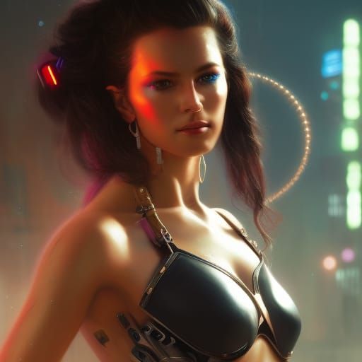head and shoulders portrait Gorgeous young Cyberpunk lady; s...