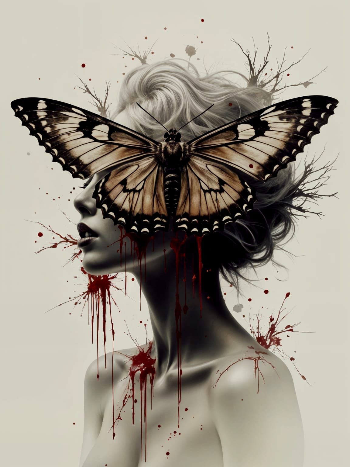 Gothic Horror Moth Portrait on Pale Woman