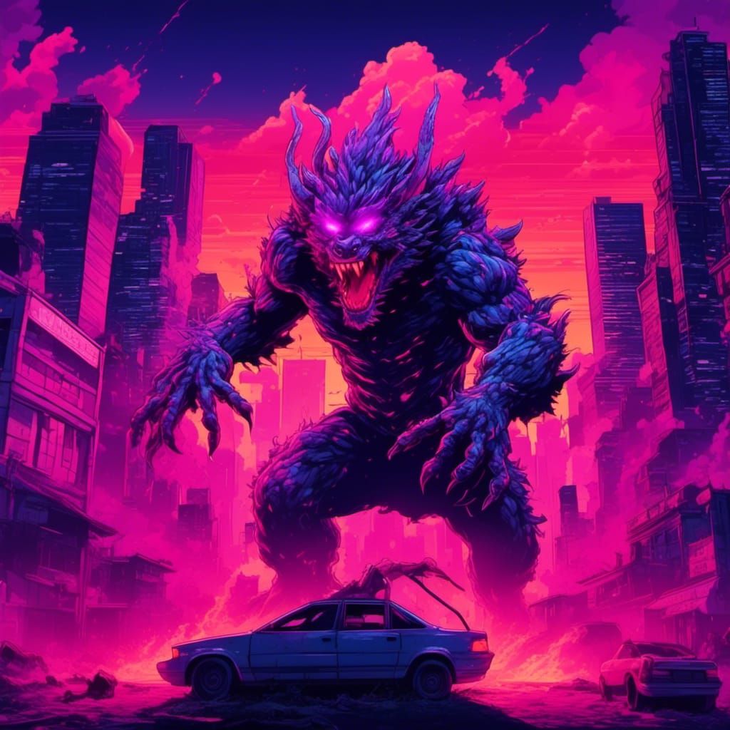 a kaiju beast erupting from the ground in a cityscape at sunset, synthwave, neon, 80's horror, intricately detailed, high resolution, dynami...