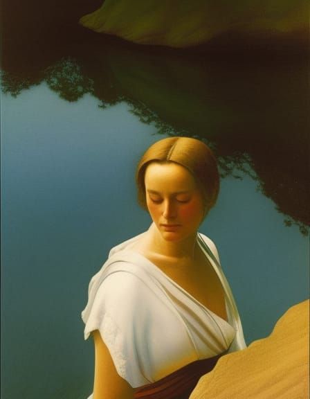 woman, robed in blue waters, river, Jean Giraud, N.C. Wyeth,...