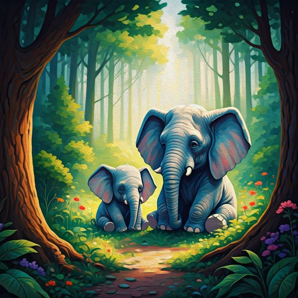 Whimsical Family Scene in a Lush Forest