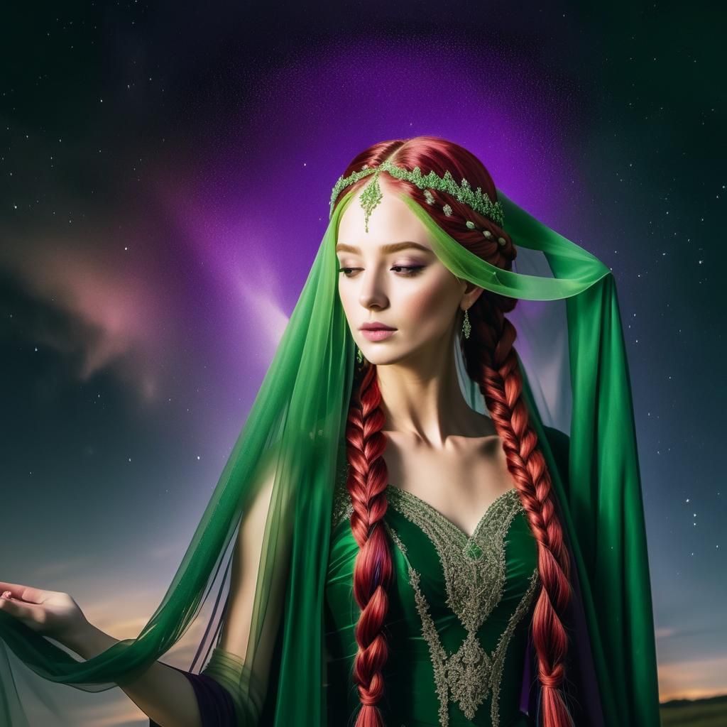 Beautiful young princess with Red long braids with long green veil, and purple gown.
