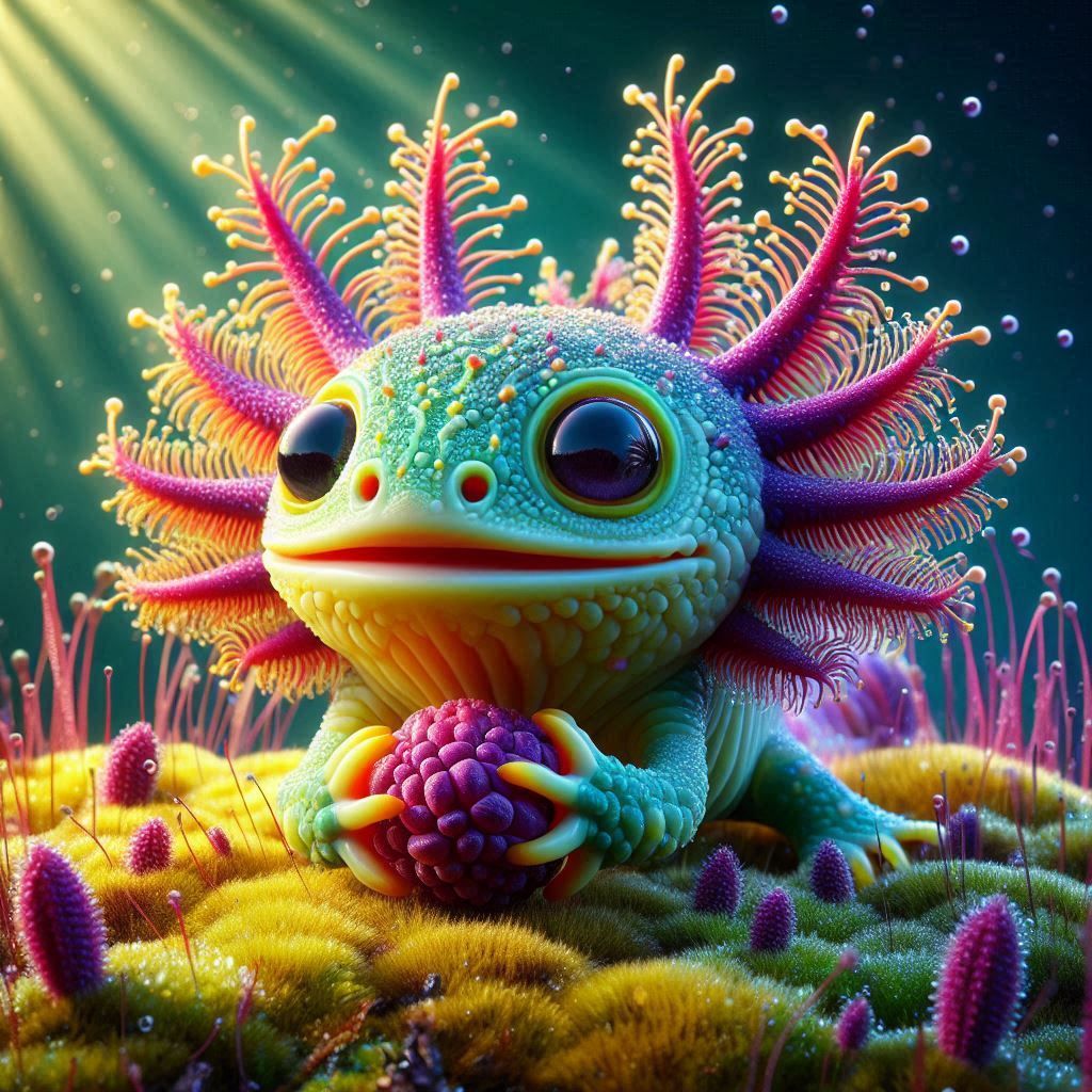 Concept art, medium shot. An adorable Murex axolotl-tortoise creature with big expressive eyes holds a berry. Its shell is made of many comp...