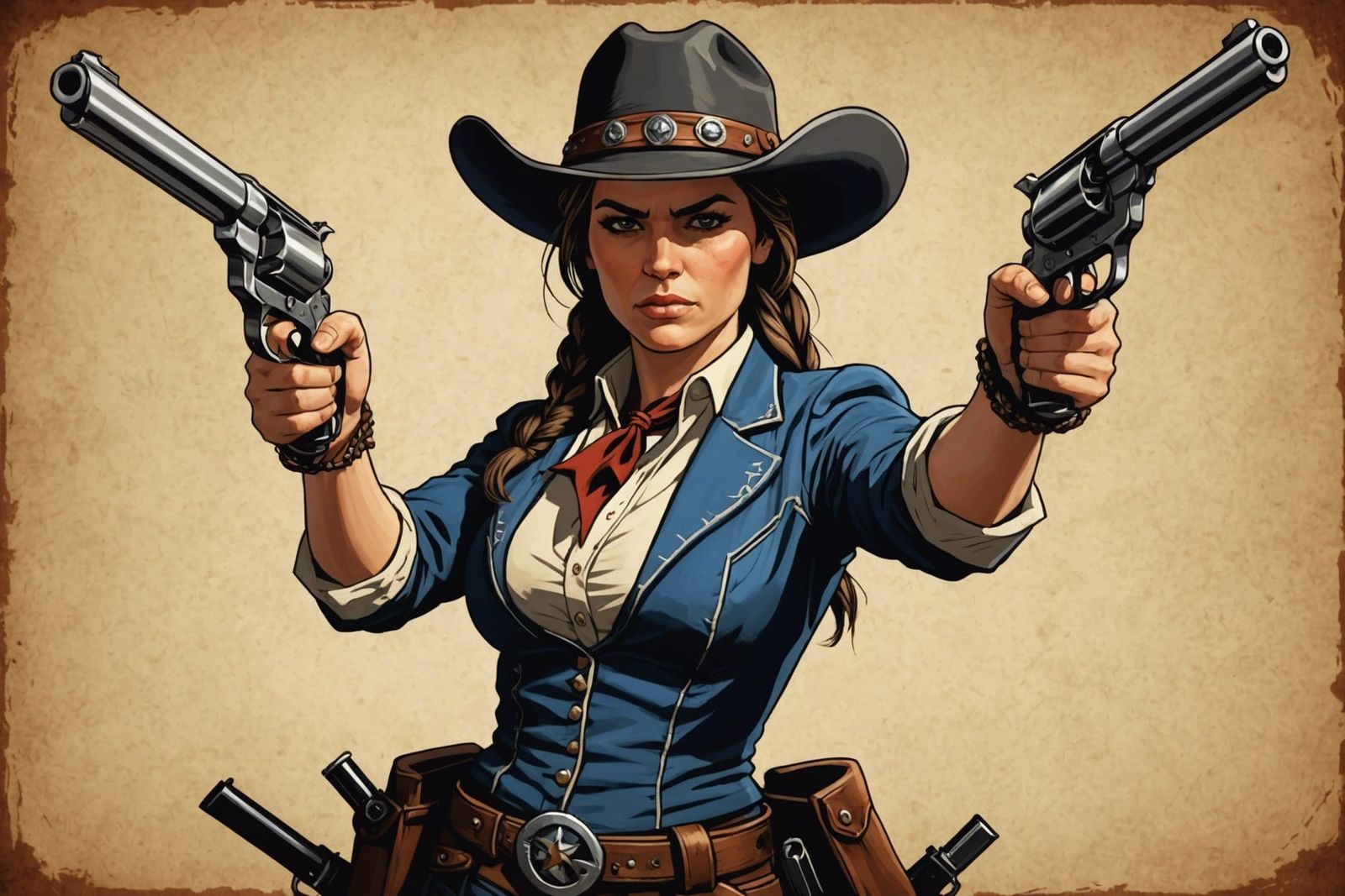 Texas cowgirl holds her guns on two outlaws   by @Bob Z