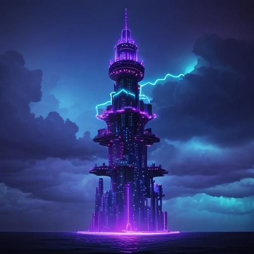 fantasy tower, dark bluish purple sky, floating lamps, light...