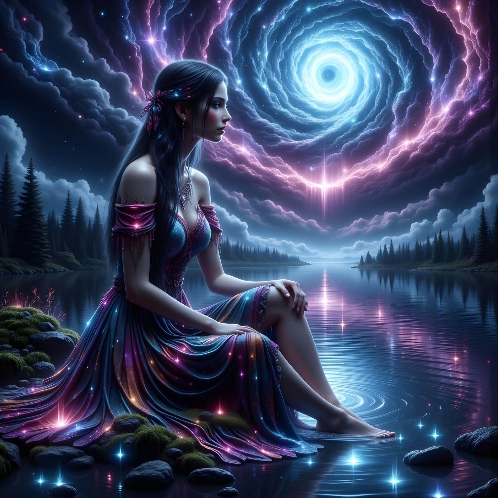 Ethereal Twilight Lake Scene with a Woman by the Water's Edg...