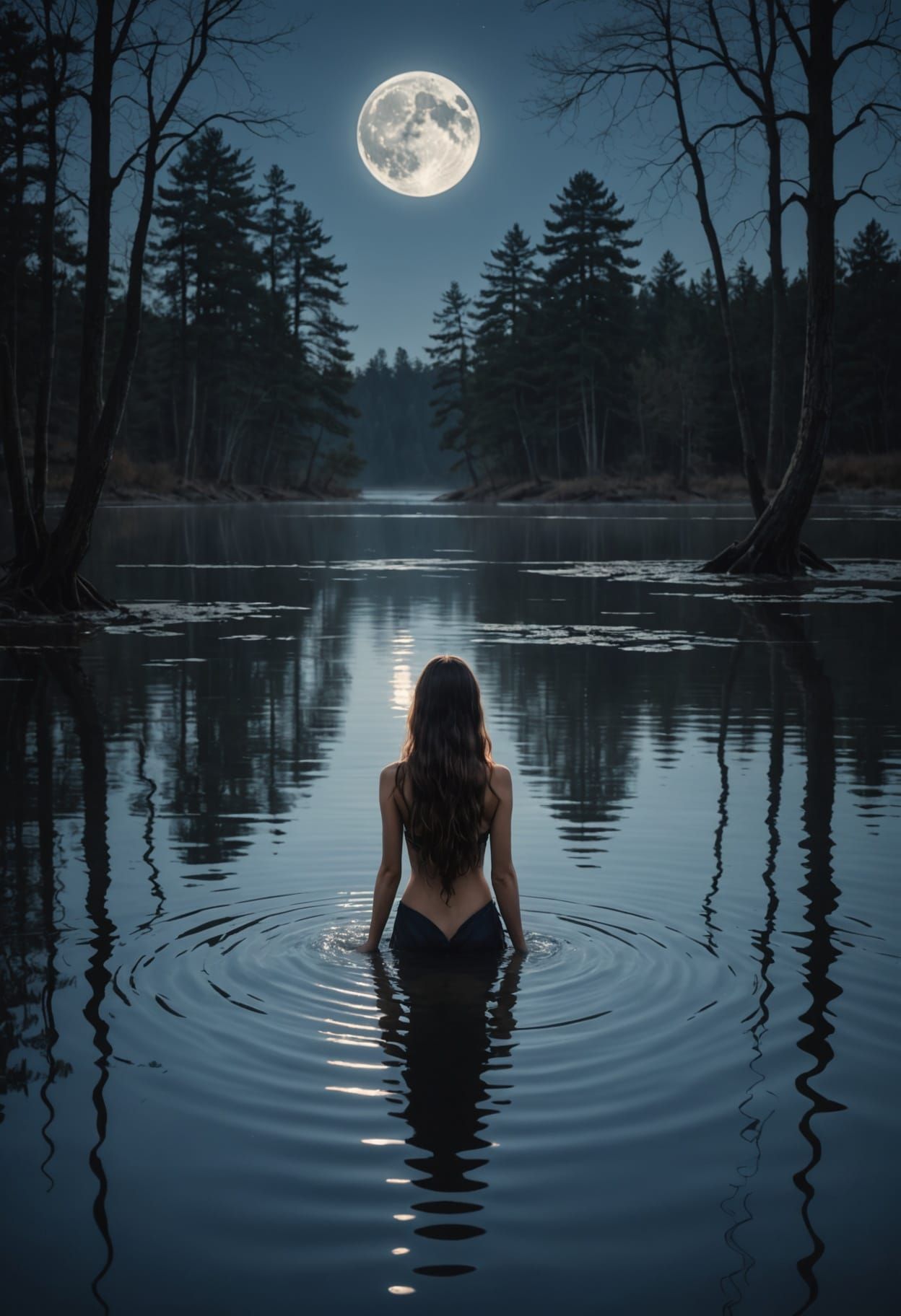 Figure Bathes in Moonlight Beside Serene Rippling Water