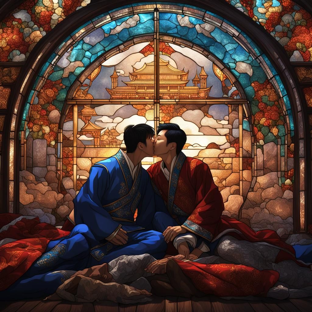 Two Asian men, lying in each other's arms and kissing.
3D st...