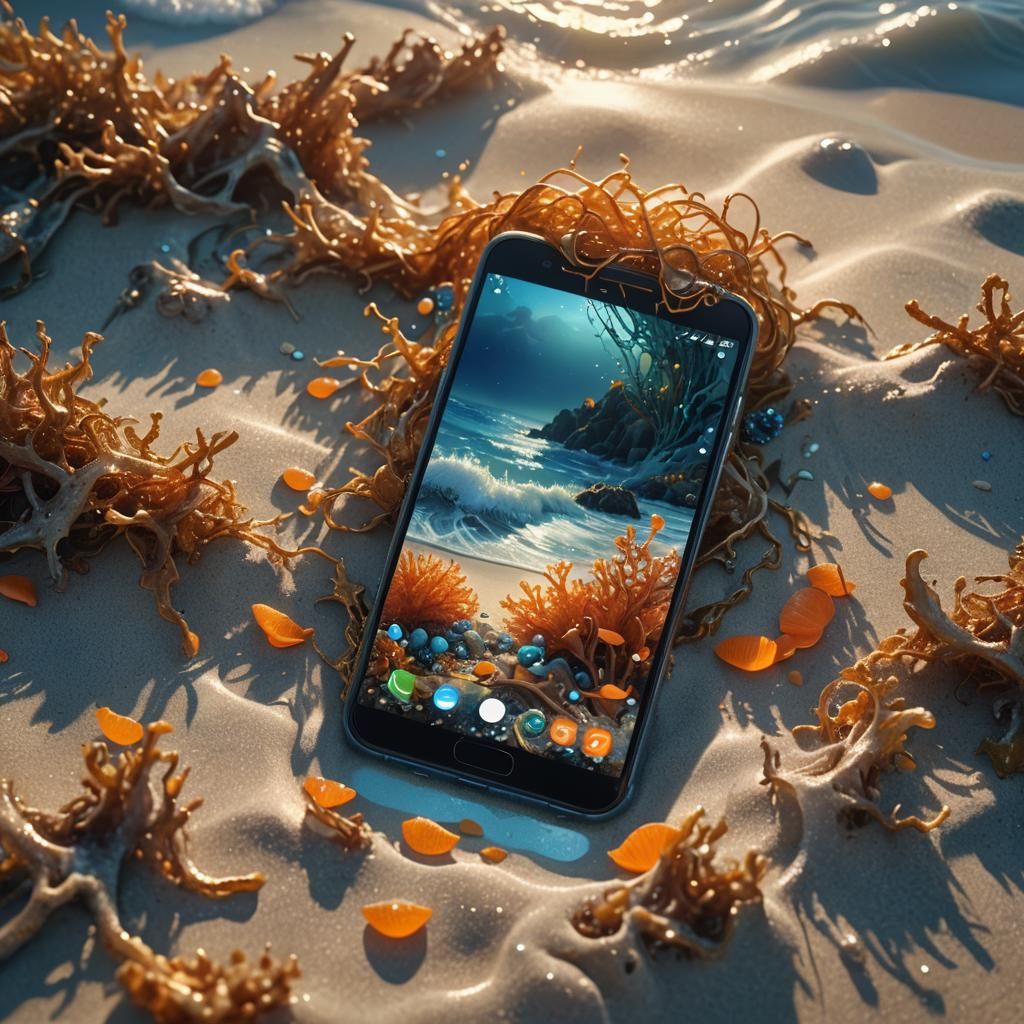 Surreal Smartphone Lands on Enchanted Beach in Vibrant Fanta...