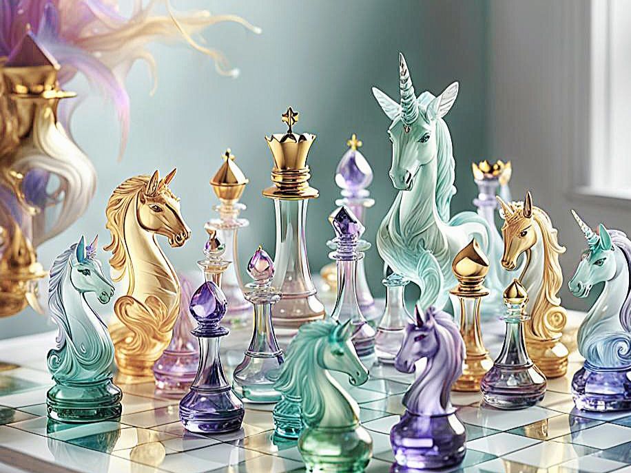 Fantasy Stile Schach Figuren aus mundgeblasenem Murano Glas - teilweise vergoldet